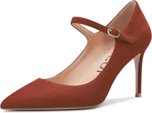 Aachcol Women Mary Jane Pumps Strap Stiletto Mid Heel Pointed Toe Dress Shoes Wedding Office Party Classic 3 Inch
