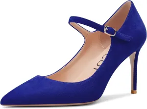 Aachcol Women Mary Jane Pumps Strap Stiletto Mid Heel Pointed Toe Dress Shoes Wedding Office Party Classic 3 Inch