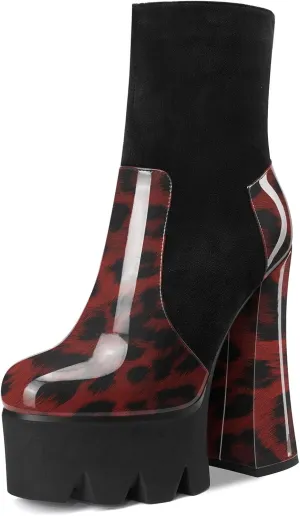 Aachcol Women Platform Ankle Boots Short Bootie Close Round Toe Chunky Block High Heel Dress Shoes Patent Suede Zipper 5.5 Inch