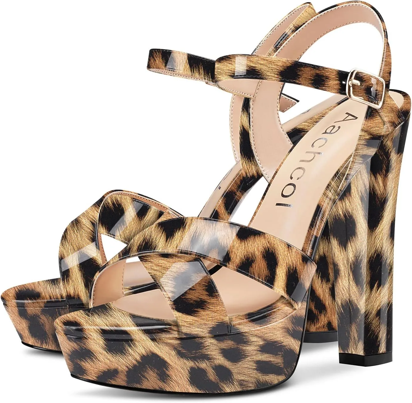 Aachcol Women Platform Ankle Strap Sandals Peep Open Toe Chunky Block High Heel Slingback Wedding Party Dress Shoes 5 Inches