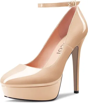 Aachcol Women Platform Pumps Close Round Toe Ankle Strap Slip-on Stiletto High Heel Dress Shoes Pumps Party Wedding Patent 5 Inch