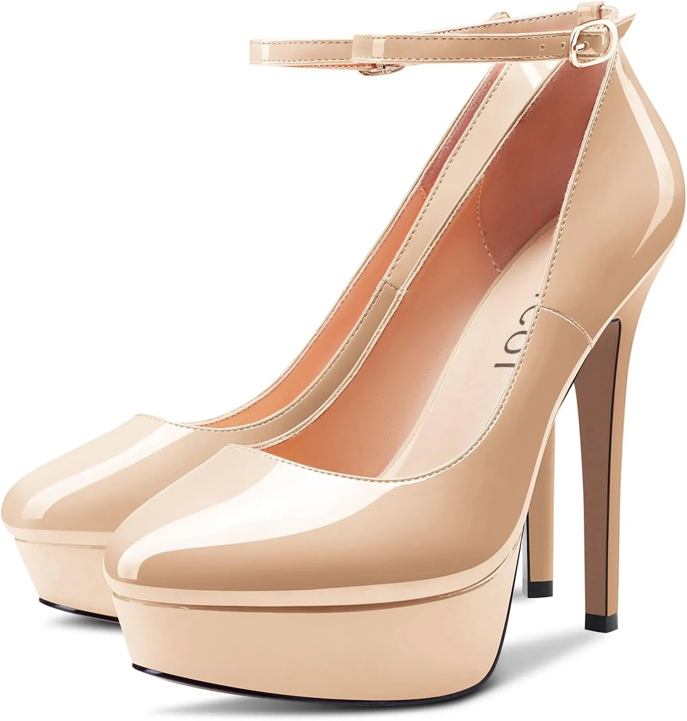 Aachcol Women Platform Pumps Close Round Toe Ankle Strap Slip-on Stiletto High Heel Dress Shoes Pumps Party Wedding Patent 5 Inch