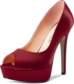 Aachcol Women Platform Pumps Peep Open Toe Slip-on Stiletto High Heel Dress Shoes Office Party Wedding Satin 5 Inch