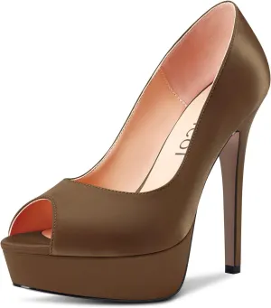 Aachcol Women Platform Pumps Peep Open Toe Slip-on Stiletto High Heel Dress Shoes Office Party Wedding Satin 5 Inch