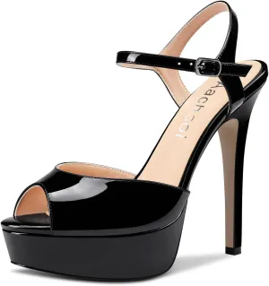 Aachcol Women Platform Sandals Ankle Strap Peep Open Toe Stiletto High Heel Slingback Dress Shoes 5 Inches