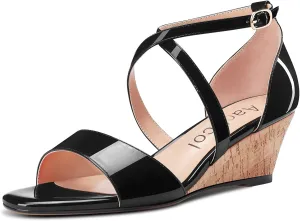 Aachcol Women Platform Sandals Clear Peep Open Toe Ankle Strap Wedge Mid Low Heel Dress Shoes Office Wedding Patent 2 Inch