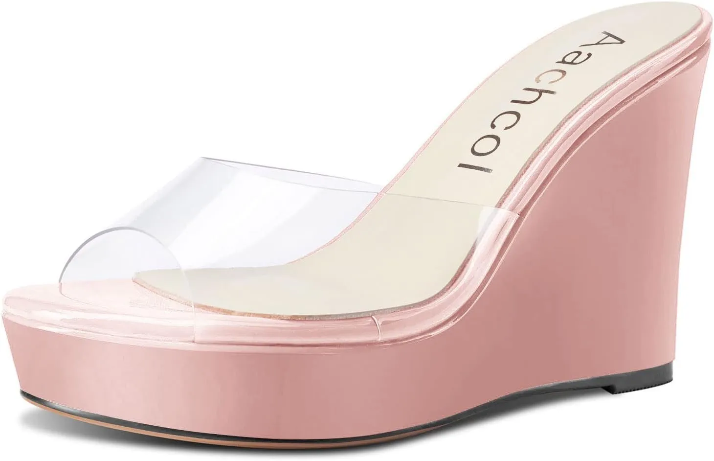 Aachcol Women Platform Sandals Clear Peep Open Toe Slip-on Wedge High Heel Dress Shoes Office Party Wedding Patent 4 Inch