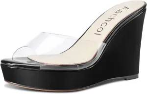 Aachcol Women Platform Sandals Clear Peep Open Toe Slip-on Wedge High Heel Dress Shoes Office Party Wedding Patent 4 Inch
