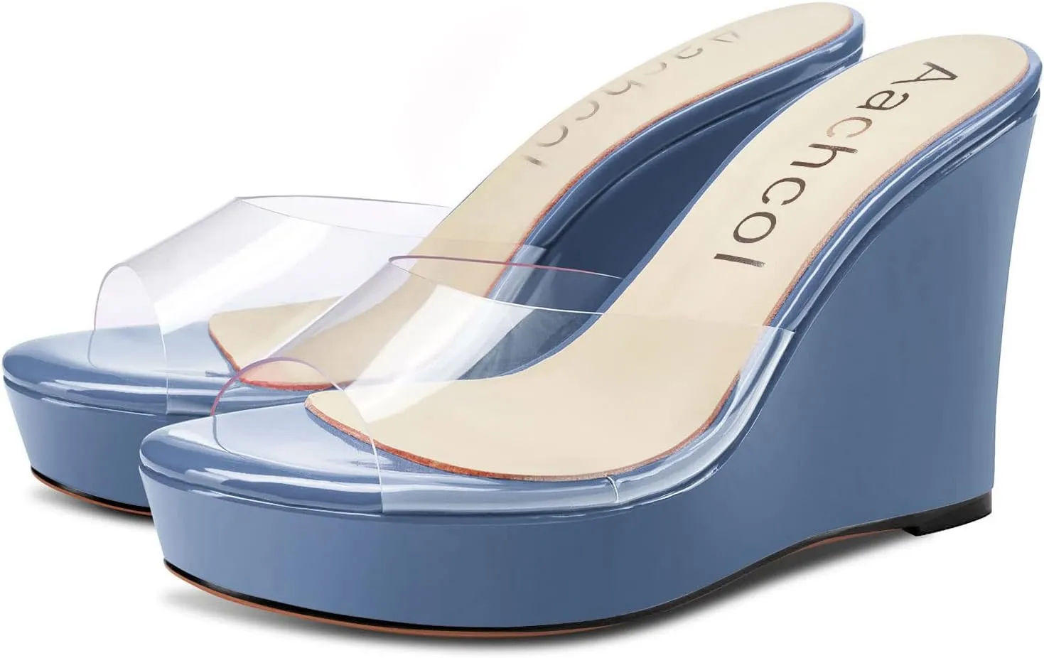Aachcol Women Platform Sandals Clear Peep Open Toe Slip-on Wedge High Heel Dress Shoes Office Party Wedding Patent 4 Inch