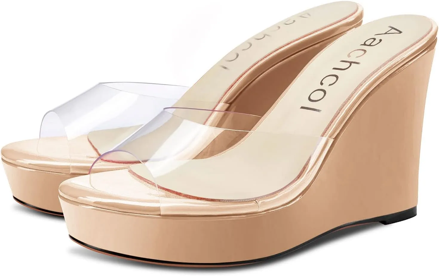 Aachcol Women Platform Sandals Clear Peep Open Toe Slip-on Wedge High Heel Dress Shoes Office Party Wedding Patent 4 Inch