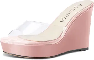 Aachcol Women Platform Sandals Clear Peep Open Toe Slip-on Wedge High Heel Dress Shoes Office Party Wedding Patent 4 Inch