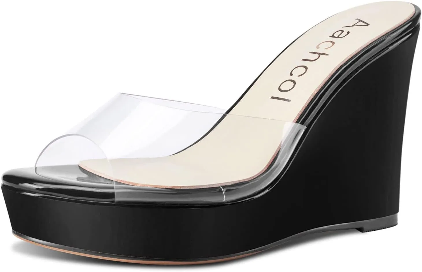 Aachcol Women Platform Sandals Clear Peep Open Toe Slip-on Wedge High Heel Dress Shoes Office Party Wedding Patent 4 Inch