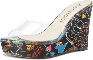 Aachcol Women Platform Sandals Clear Peep Open Toe Slip-on Wedge High Heel Dress Shoes Office Party Wedding Patent 4 Inch