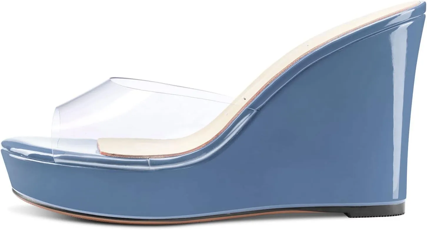 Aachcol Women Platform Sandals Clear Peep Open Toe Slip-on Wedge High Heel Dress Shoes Office Party Wedding Patent 4 Inch