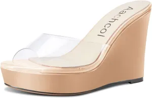 Aachcol Women Platform Sandals Clear Peep Open Toe Slip-on Wedge High Heel Dress Shoes Office Party Wedding Patent 4 Inch