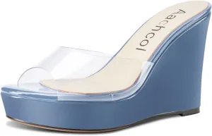 Aachcol Women Platform Sandals Clear Peep Open Toe Slip-on Wedge High Heel Dress Shoes Office Party Wedding Patent 4 Inch