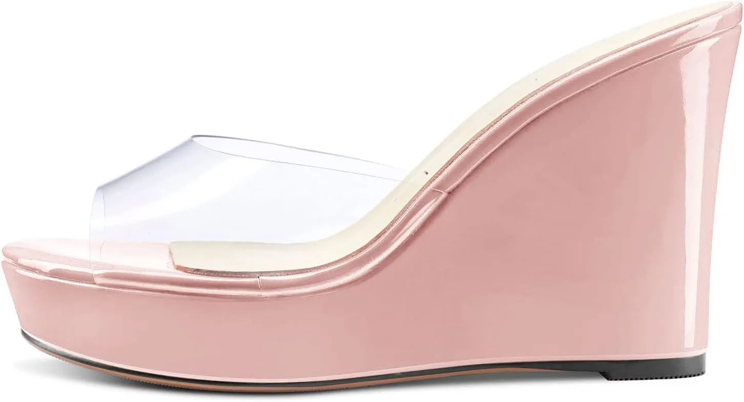 Aachcol Women Platform Sandals Clear Peep Open Toe Slip-on Wedge High Heel Dress Shoes Office Party Wedding Patent 4 Inch
