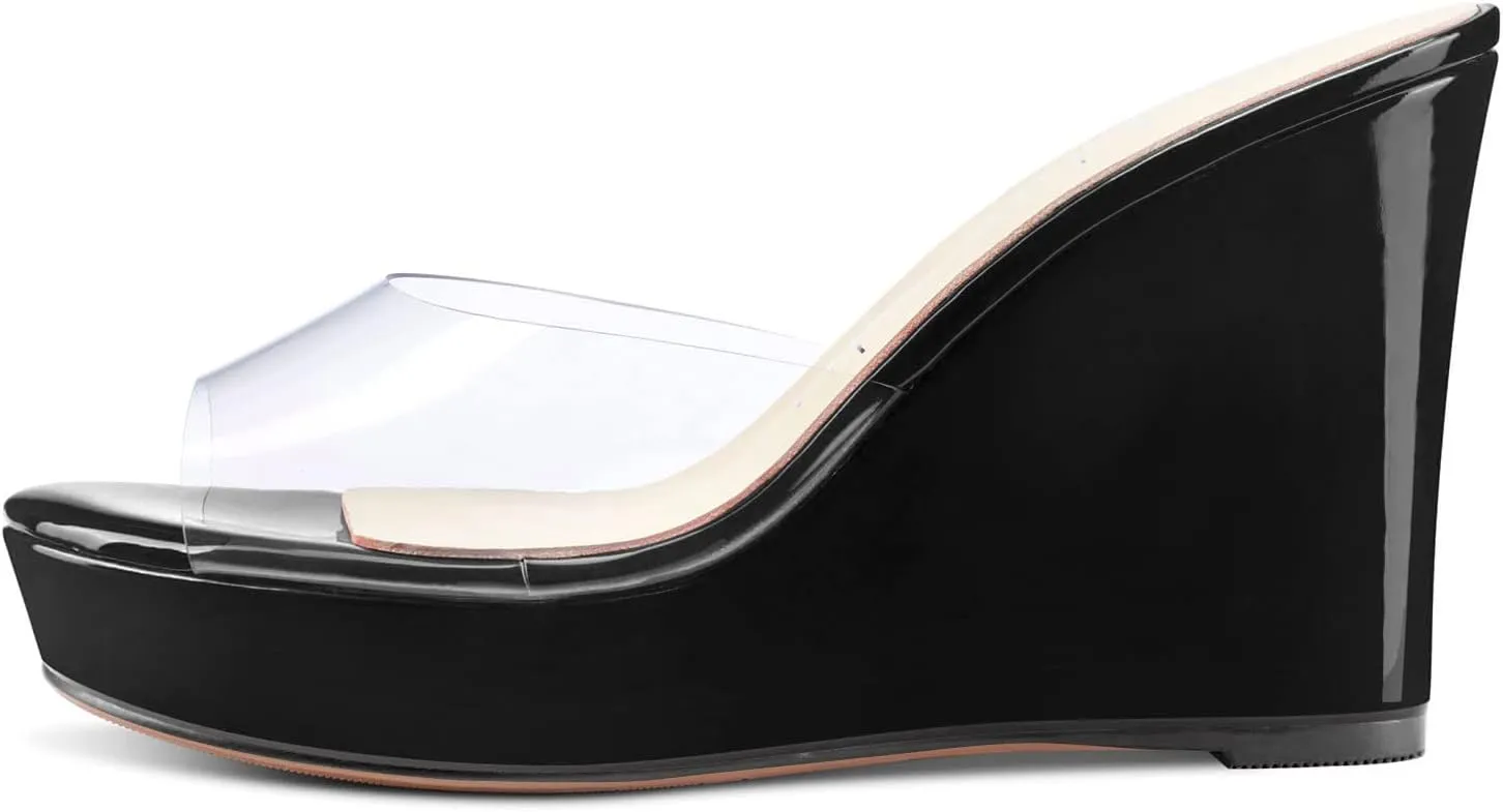 Aachcol Women Platform Sandals Clear Peep Open Toe Slip-on Wedge High Heel Dress Shoes Office Party Wedding Patent 4 Inch
