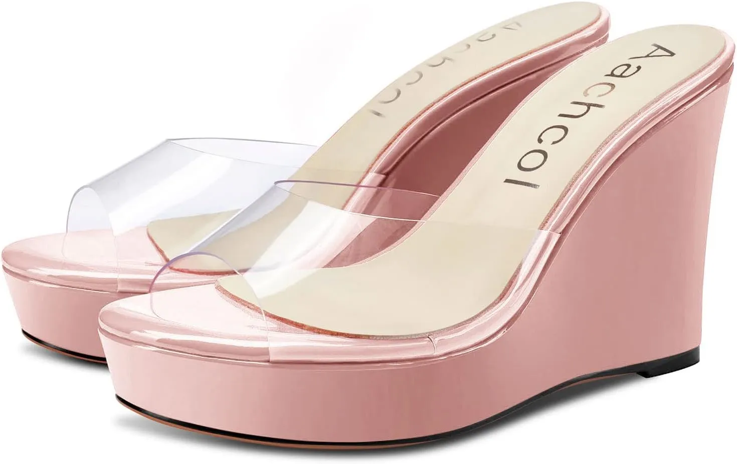 Aachcol Women Platform Sandals Clear Peep Open Toe Slip-on Wedge High Heel Dress Shoes Office Party Wedding Patent 4 Inch