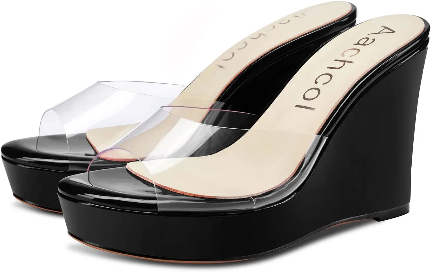 Aachcol Women Platform Sandals Clear Peep Open Toe Slip-on Wedge High Heel Dress Shoes Office Party Wedding Patent 4 Inch