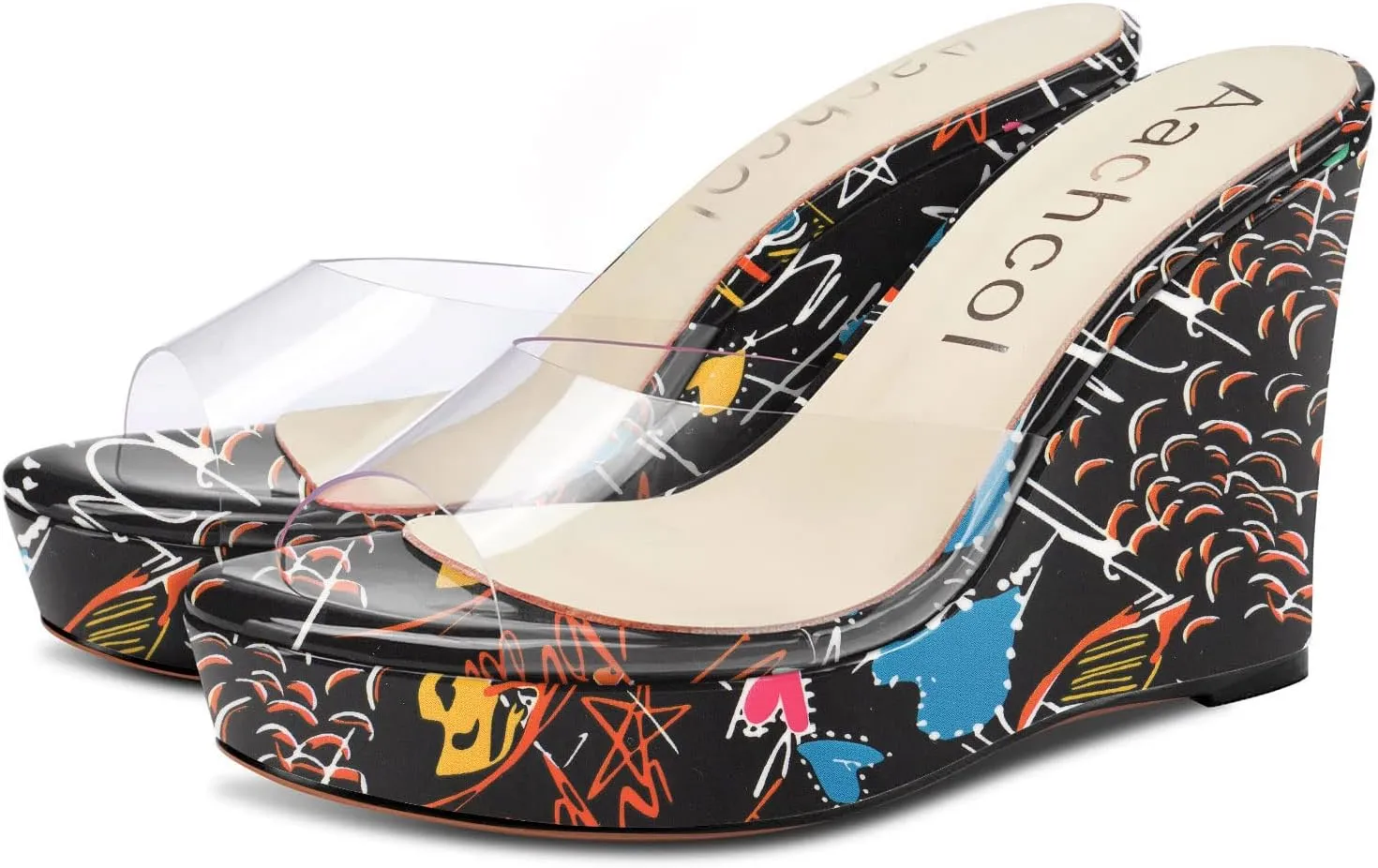 Aachcol Women Platform Sandals Clear Peep Open Toe Slip-on Wedge High Heel Dress Shoes Office Party Wedding Patent 4 Inch