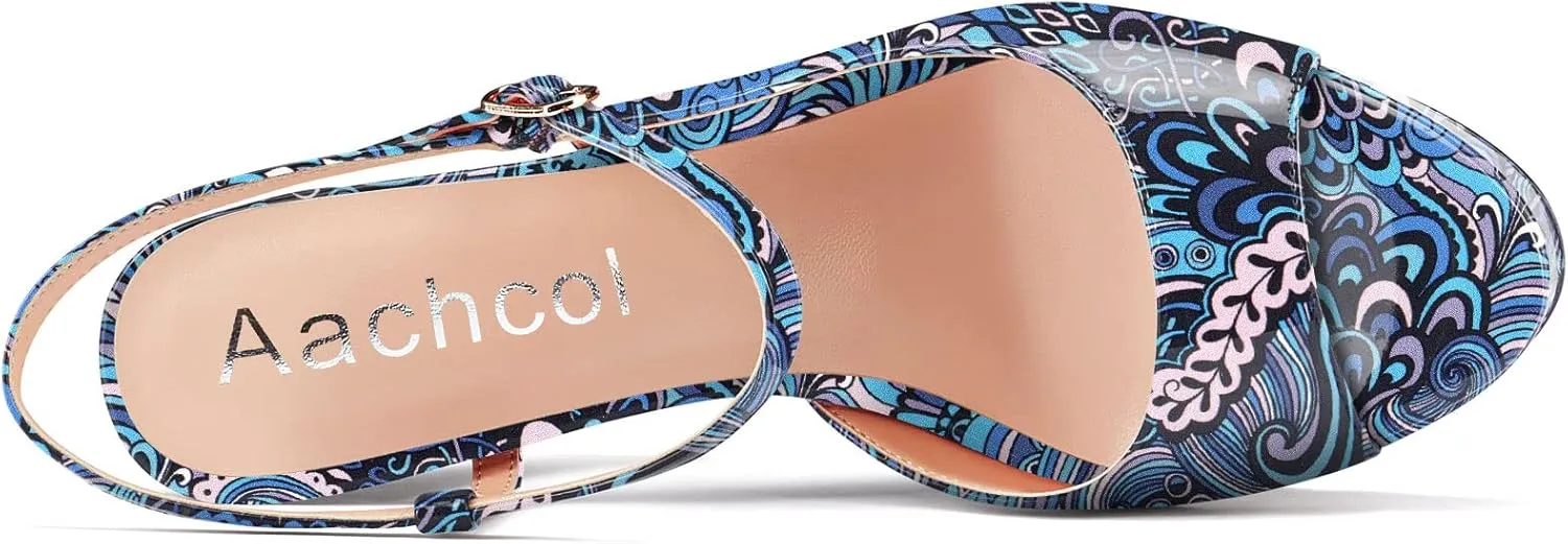 Aachcol Women Platform Slingback Chunky Block High Heel Sandals Round Peep Open Toe Ankle Strap Two-Piece Dress Shoes Pumps Party Wedding Patent 5 Inch