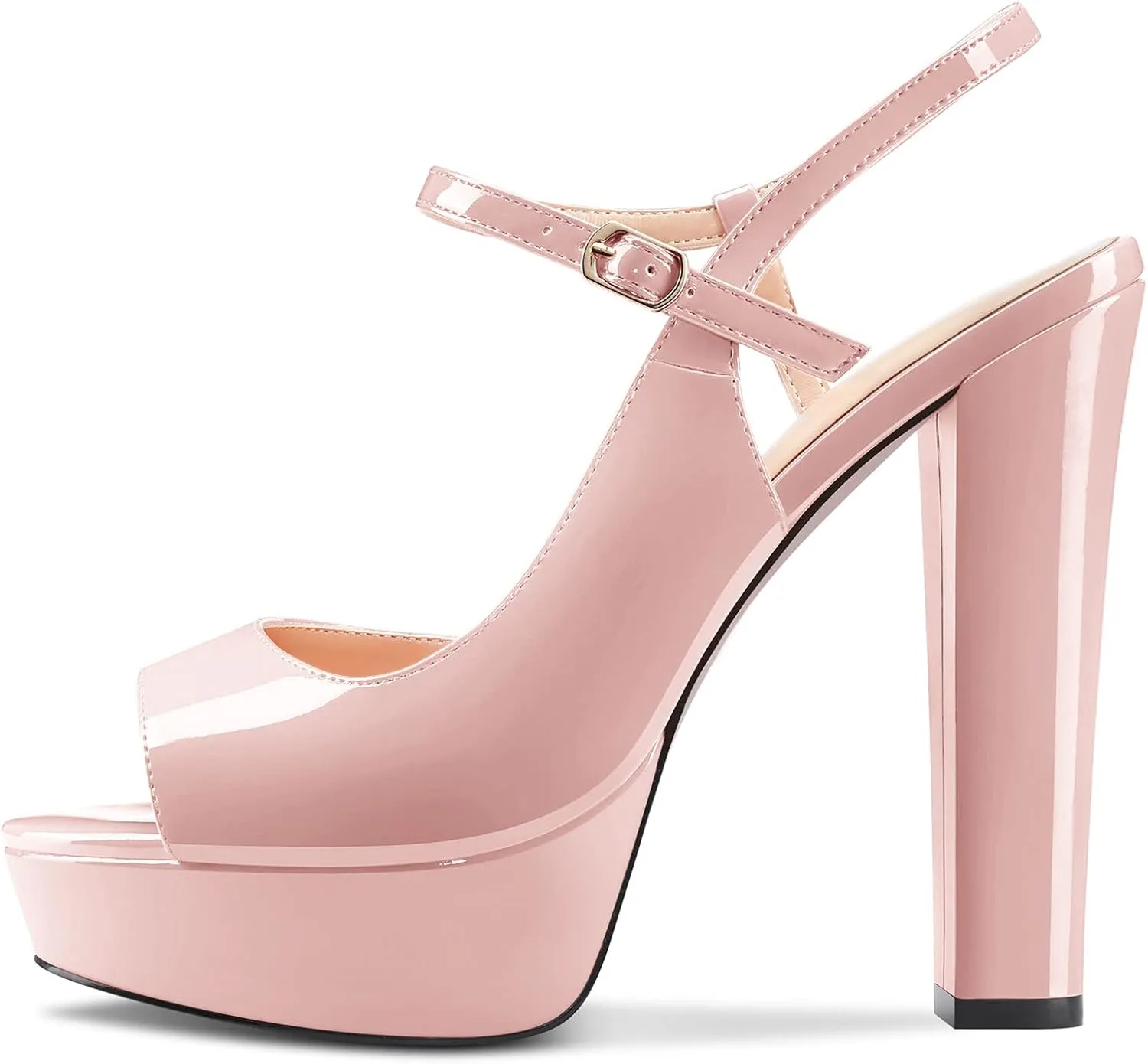 Aachcol Women Platform Slingback Chunky Block High Heel Sandals Round Peep Open Toe Ankle Strap Two-Piece Dress Shoes Pumps Party Wedding Patent 5 Inch