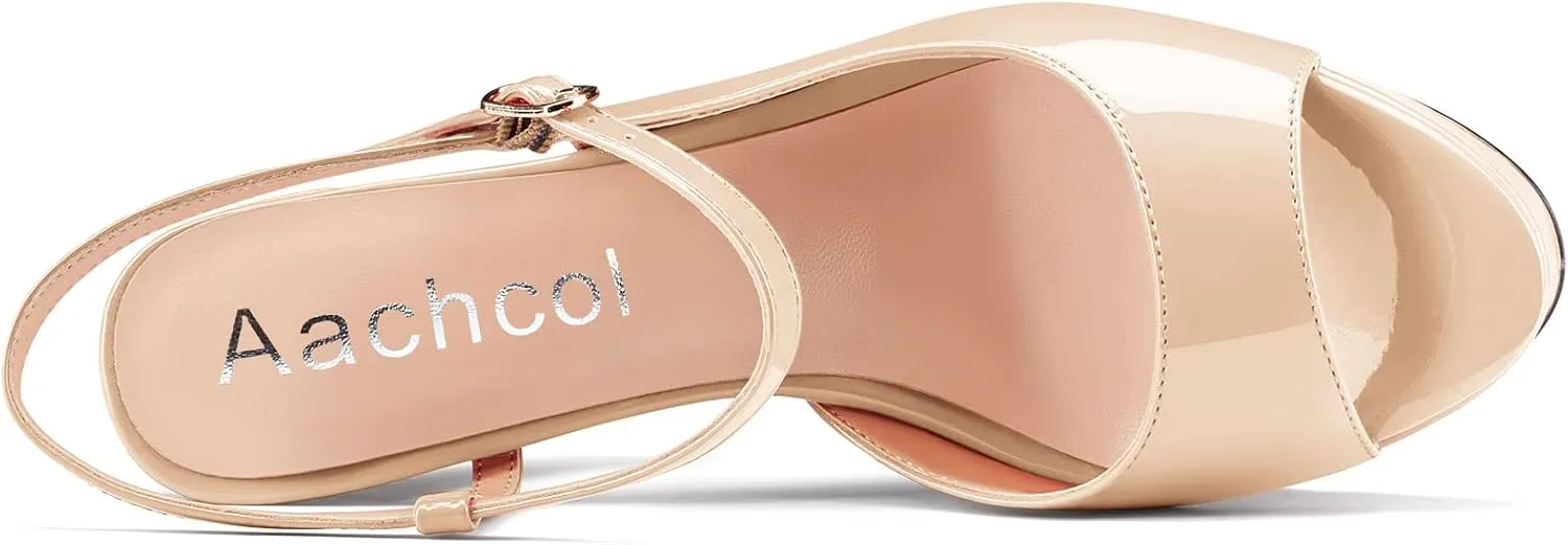 Aachcol Women Platform Slingback Chunky Block High Heel Sandals Round Peep Open Toe Ankle Strap Two-Piece Dress Shoes Pumps Party Wedding Patent 5 Inch