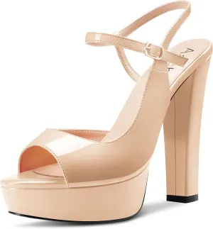 Aachcol Women Platform Slingback Chunky Block High Heel Sandals Round Peep Open Toe Ankle Strap Two-Piece Dress Shoes Pumps Party Wedding Patent 5 Inch