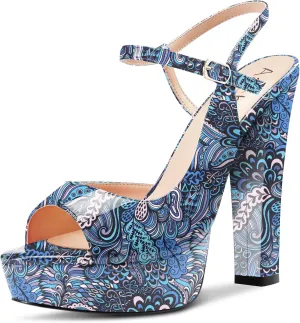 Aachcol Women Platform Slingback Chunky Block High Heel Sandals Round Peep Open Toe Ankle Strap Two-Piece Dress Shoes Pumps Party Wedding Patent 5 Inch