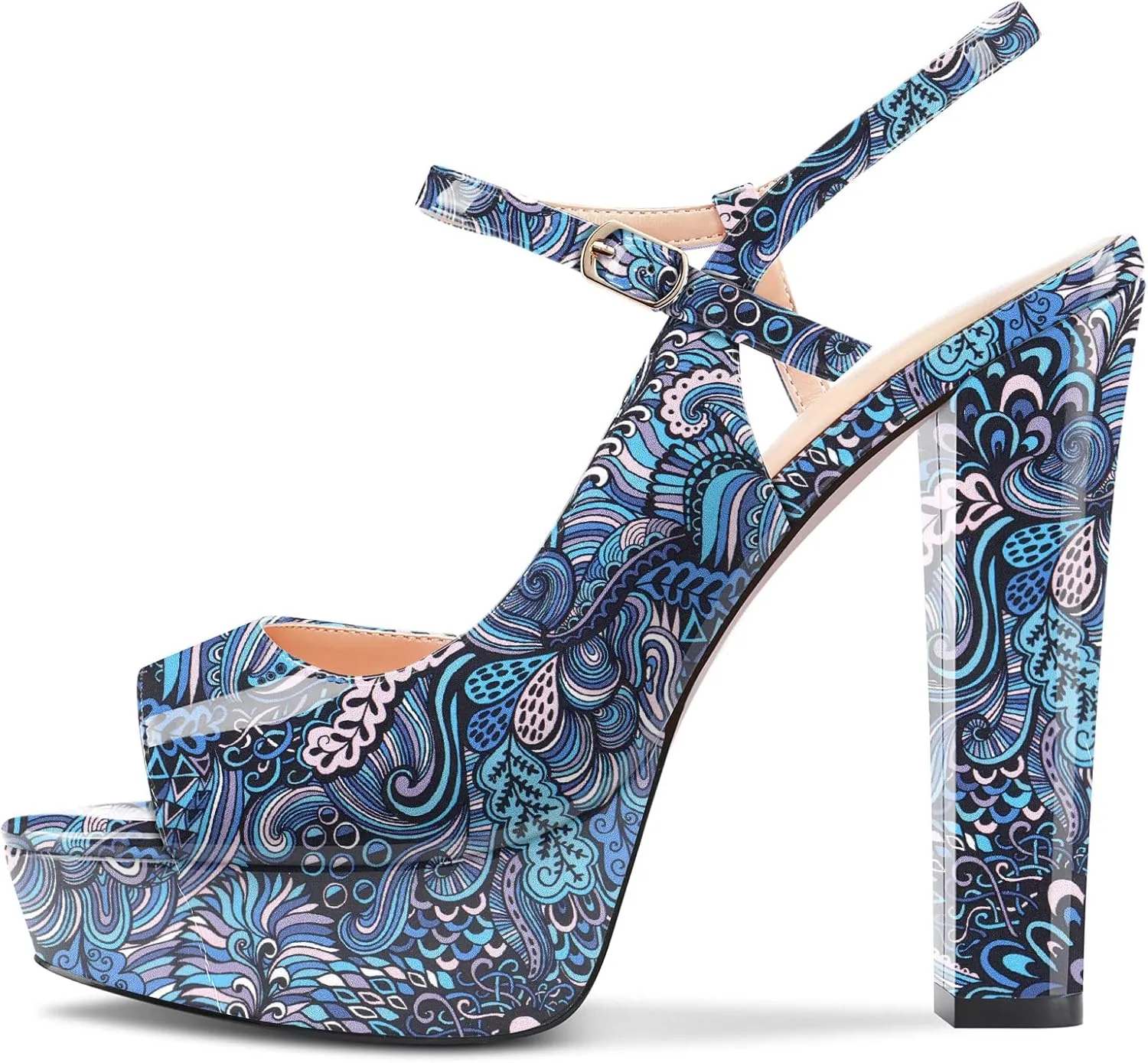 Aachcol Women Platform Slingback Chunky Block High Heel Sandals Round Peep Open Toe Ankle Strap Two-Piece Dress Shoes Pumps Party Wedding Patent 5 Inch