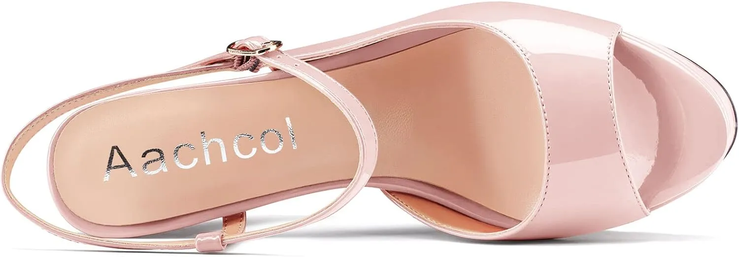 Aachcol Women Platform Slingback Chunky Block High Heel Sandals Round Peep Open Toe Ankle Strap Two-Piece Dress Shoes Pumps Party Wedding Patent 5 Inch