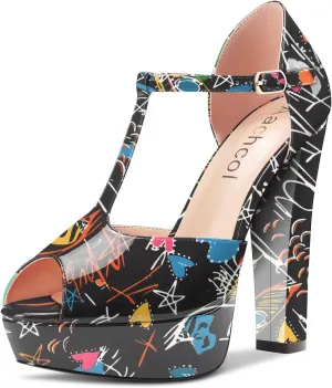 Aachcol Women Platform T-strap Chunky Block High Heel Sandals Round Peep Open Toe Ankle Strap Two-Piece Dress Shoes Pumps Party Wedding Patent 5 Inch