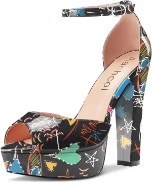 Aachcol Women Platform T-strap Slingback Chunky Block High Heel Sandals Round Peep Open Toe Ankle Strap Two-Piece Dress Shoes Pumps Party Wedding Patent 5 Inch