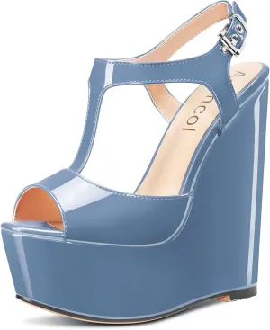 Aachcol Women Platform Wedge Sandals Peep Toe T-strap Ankle Strap Slingback Wedge High Heel Dress Shoes Patent 6 Inch