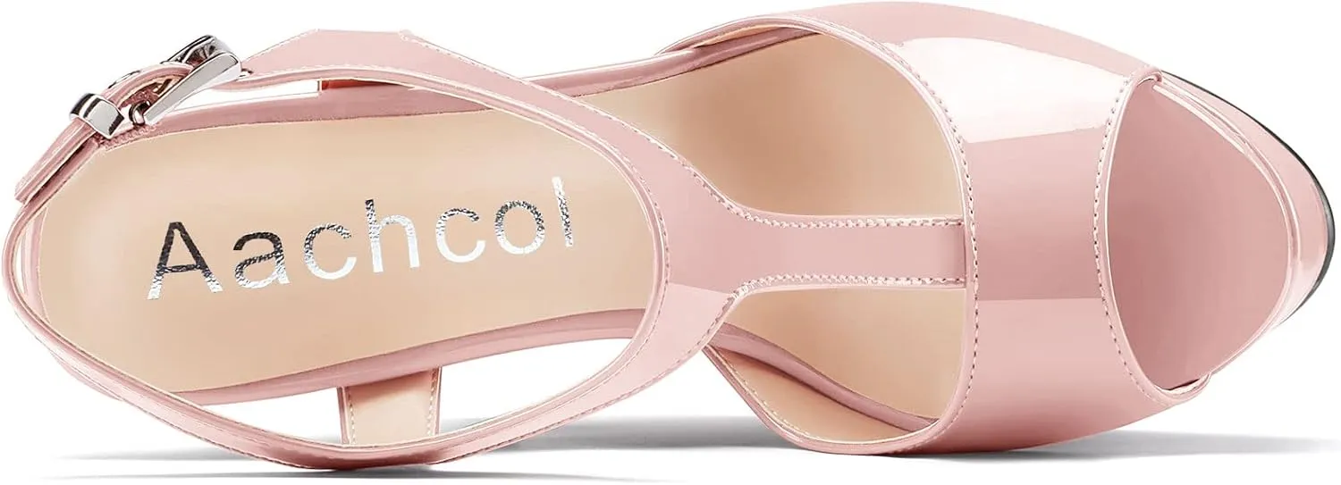 Aachcol Women Platform Wedge Sandals Peep Toe T-strap Ankle Strap Slingback Wedge High Heel Dress Shoes Patent 6 Inch