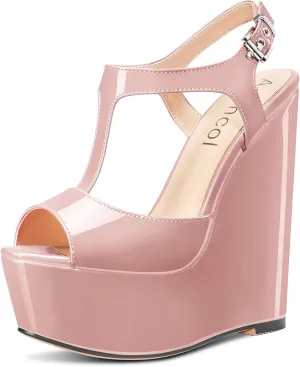 Aachcol Women Platform Wedge Sandals Peep Toe T-strap Ankle Strap Slingback Wedge High Heel Dress Shoes Patent 6 Inch