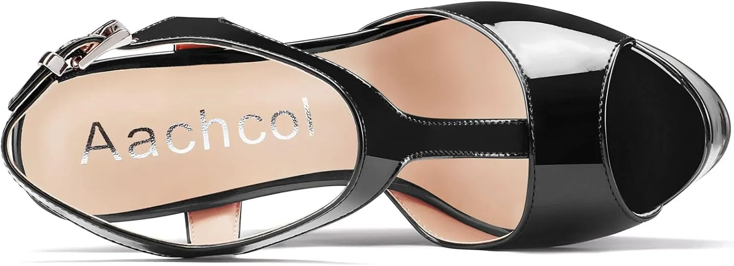 Aachcol Women Platform Wedge Sandals Peep Toe T-strap Ankle Strap Slingback Wedge High Heel Dress Shoes Patent 6 Inch