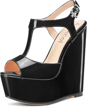 Aachcol Women Platform Wedge Sandals Peep Toe T-strap Ankle Strap Slingback Wedge High Heel Dress Shoes Patent 6 Inch