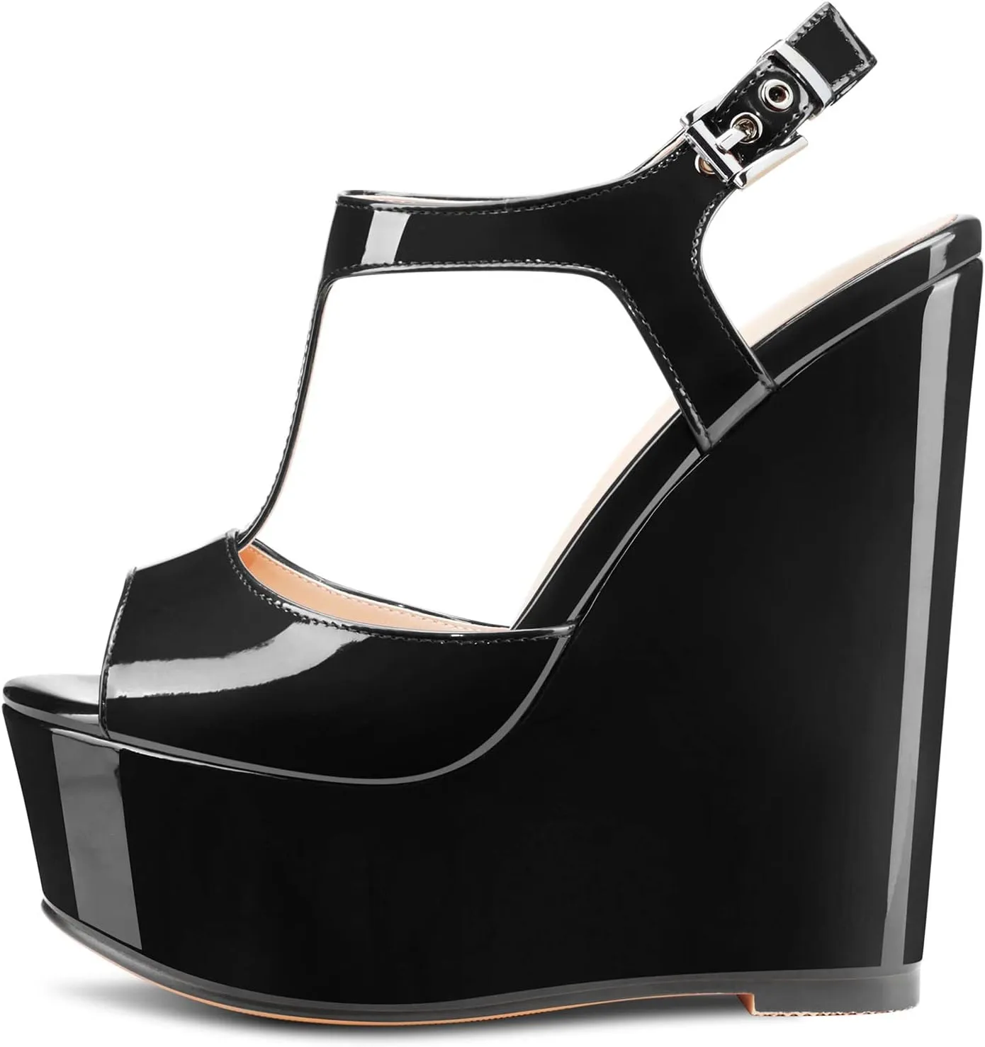 Aachcol Women Platform Wedge Sandals Peep Toe T-strap Ankle Strap Slingback Wedge High Heel Dress Shoes Patent 6 Inch