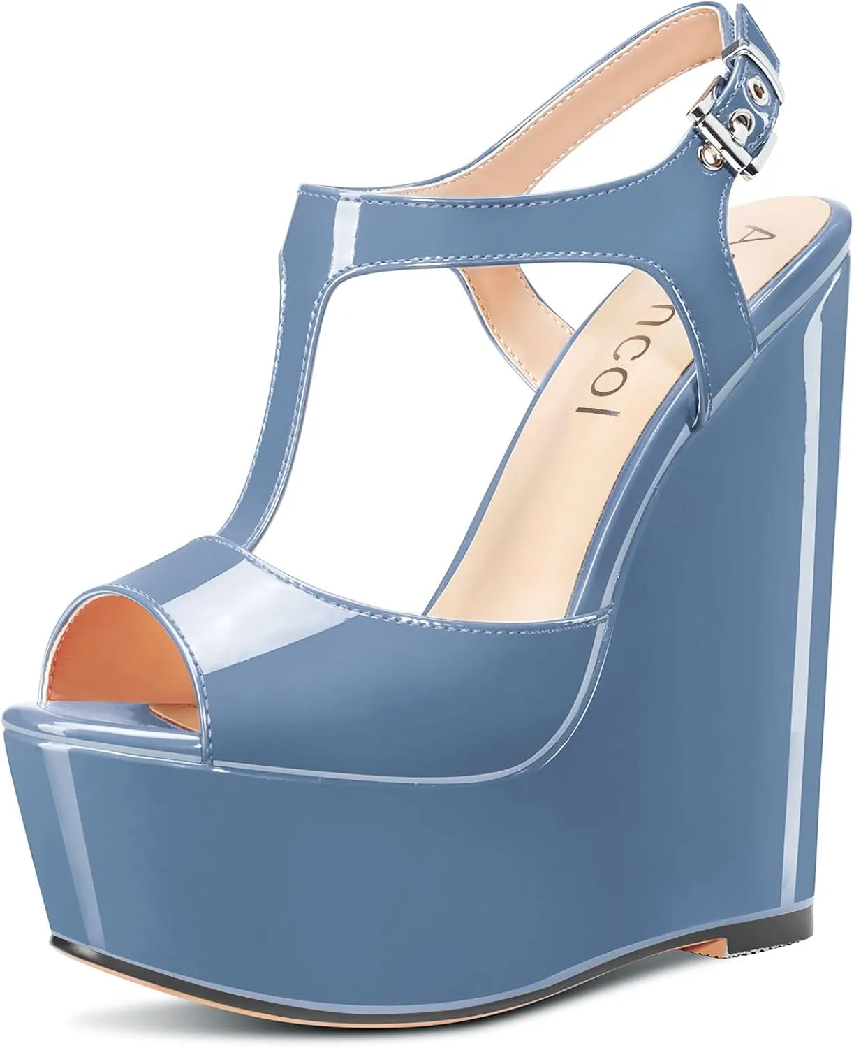 Aachcol Women Platform Wedge Sandals Peep Toe T-strap Ankle Strap Slingback Wedge High Heel Dress Shoes Patent 6 Inch
