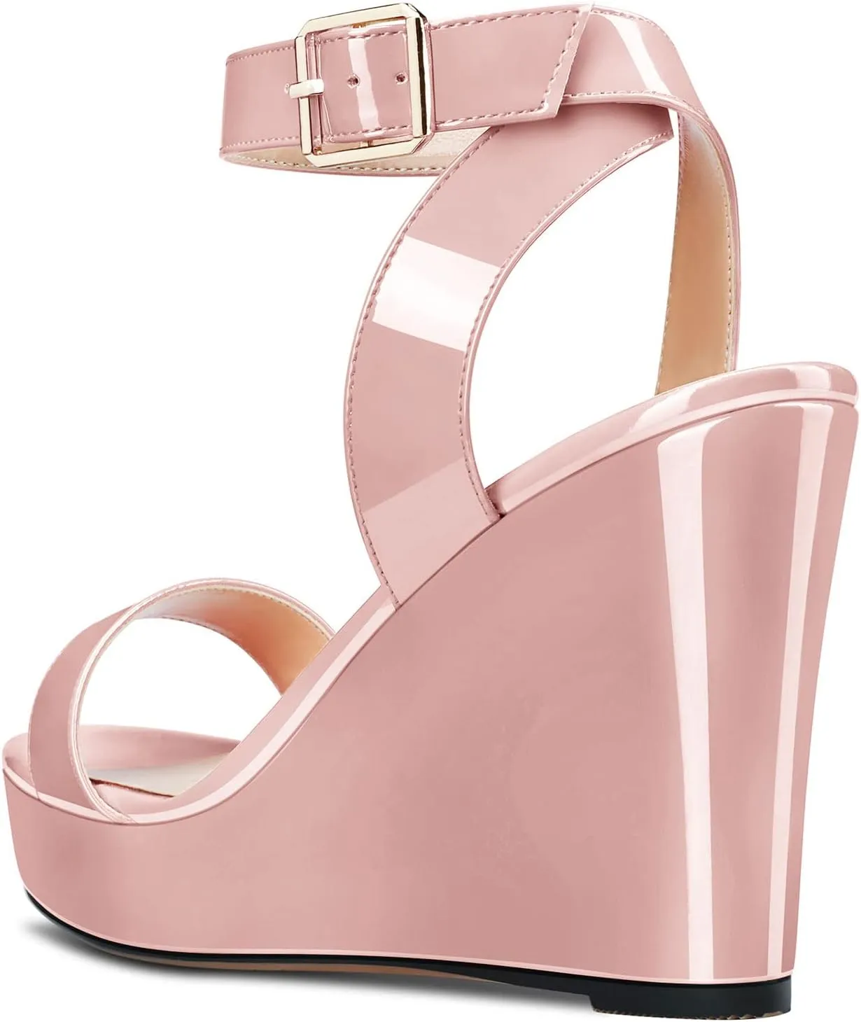 Aachcol Women Platform Wedge Sandals Round Peep Open Toe Ankle Strap Slingback Two-Piece Chunky Block High Heel Dress Shoes Pumps Party Patent 4 Inch