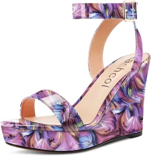 Aachcol Women Platform Wedge Sandals Round Peep Open Toe Ankle Strap Slingback Two-Piece Chunky Block High Heel Dress Shoes Pumps Party Patent 4 Inch
