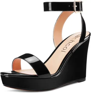 Aachcol Women Platform Wedge Sandals Round Peep Open Toe Ankle Strap Slingback Two-Piece Chunky Block High Heel Dress Shoes Pumps Party Patent 4 Inch