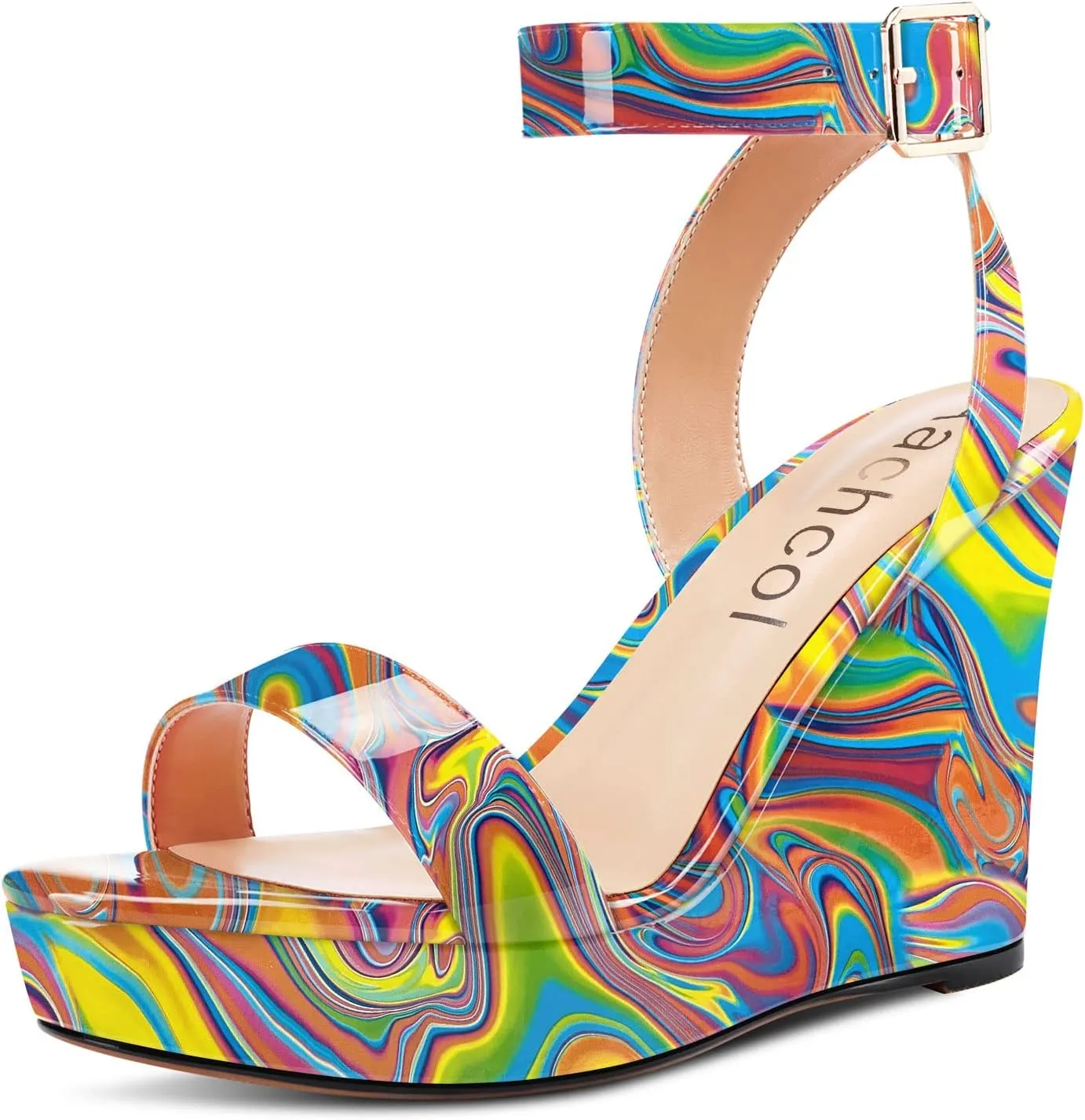 Aachcol Women Platform Wedge Sandals Round Peep Open Toe Ankle Strap Slingback Two-Piece Chunky Block High Heel Dress Shoes Pumps Party Patent 4 Inch