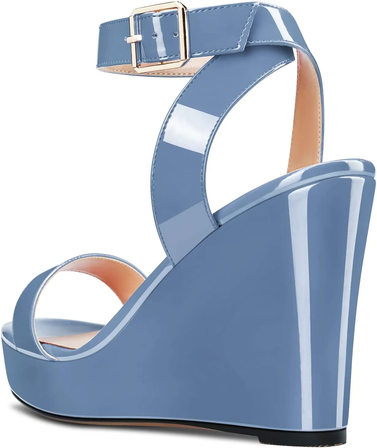 Aachcol Women Platform Wedge Sandals Round Peep Open Toe Ankle Strap Slingback Two-Piece Chunky Block High Heel Dress Shoes Pumps Party Patent 4 Inch