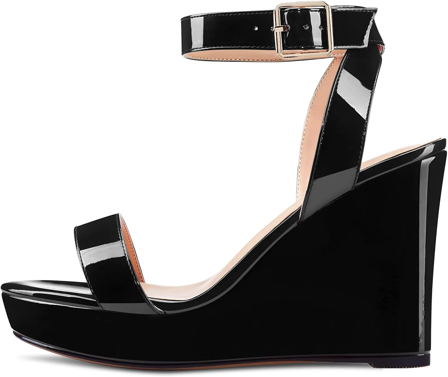 Aachcol Women Platform Wedge Sandals Round Peep Open Toe Ankle Strap Slingback Two-Piece Chunky Block High Heel Dress Shoes Pumps Party Patent 4 Inch