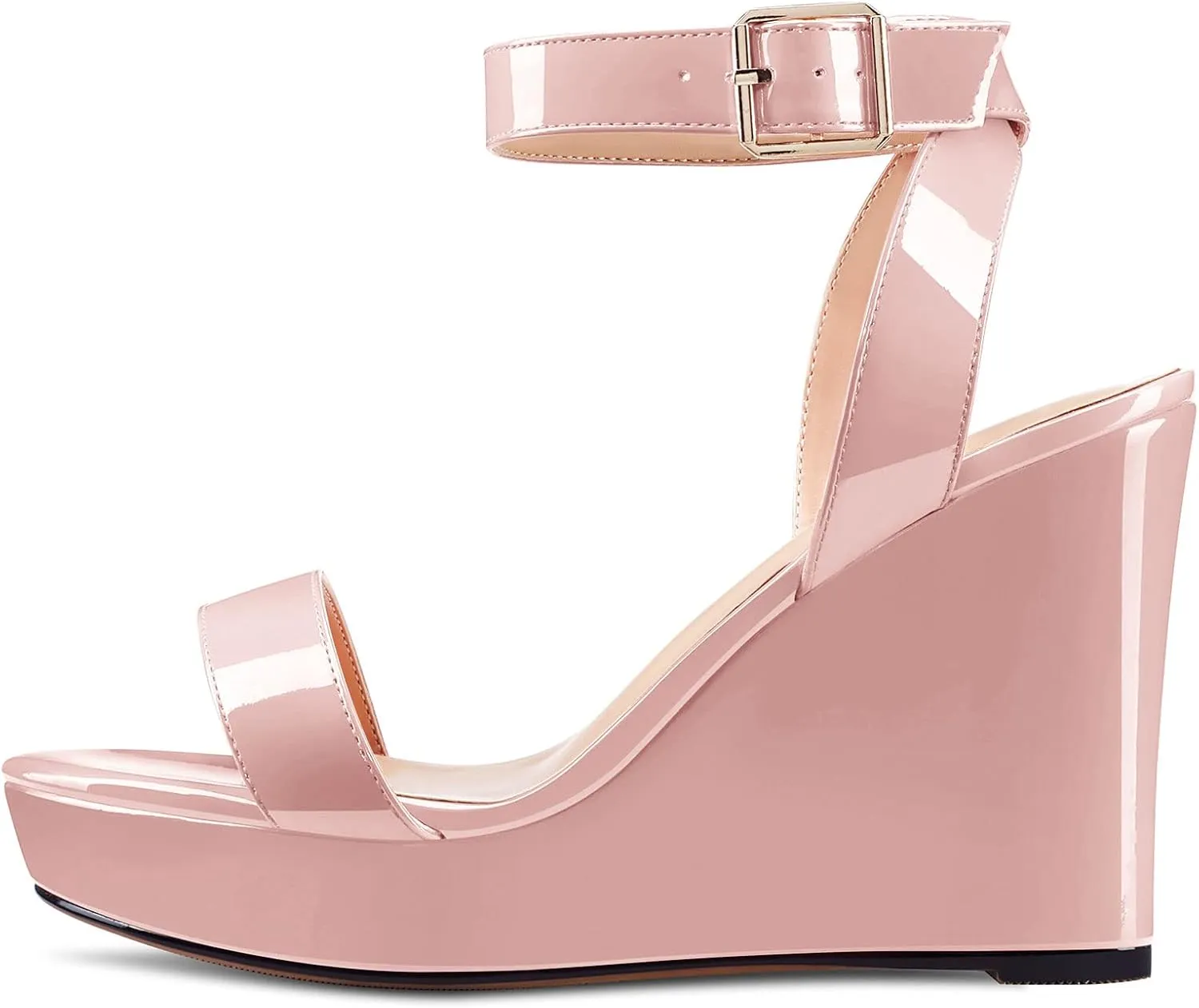 Aachcol Women Platform Wedge Sandals Round Peep Open Toe Ankle Strap Slingback Two-Piece Chunky Block High Heel Dress Shoes Pumps Party Patent 4 Inch