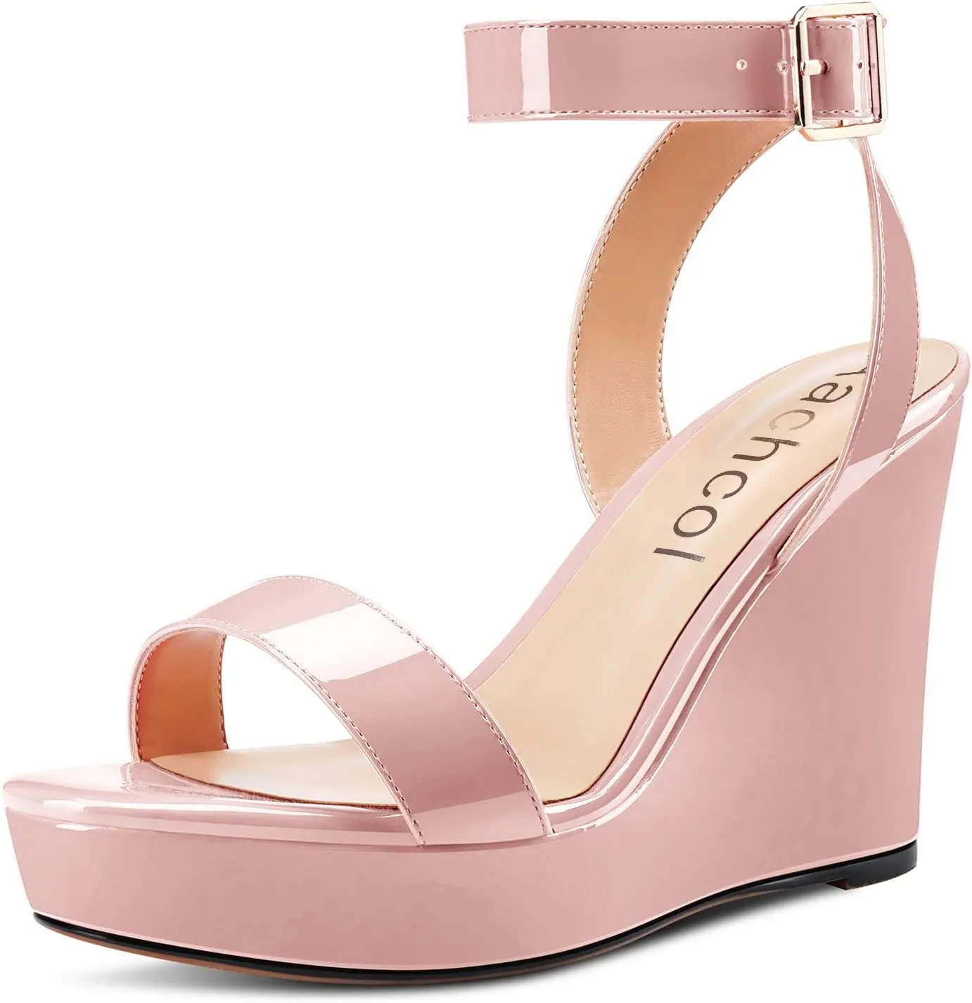 Aachcol Women Platform Wedge Sandals Round Peep Open Toe Ankle Strap Slingback Two-Piece Chunky Block High Heel Dress Shoes Pumps Party Patent 4 Inch