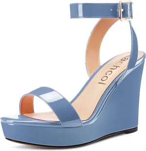 Aachcol Women Platform Wedge Sandals Round Peep Open Toe Ankle Strap Slingback Two-Piece Chunky Block High Heel Dress Shoes Pumps Party Patent 4 Inch